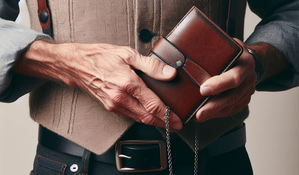 長方形型の折り財布を手に持つ老人