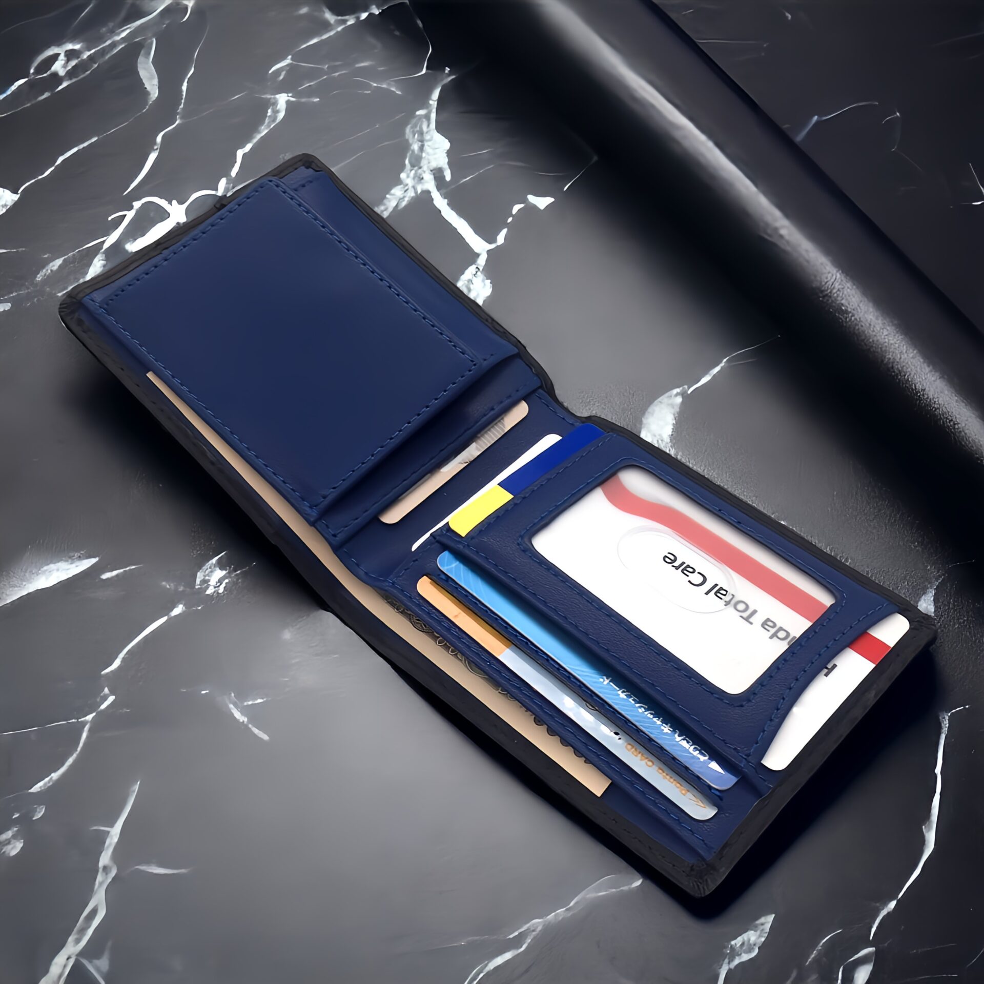 薄型二つ折り財布 カーボンレザー BOX型小銭入れ 内装：暗いブルー