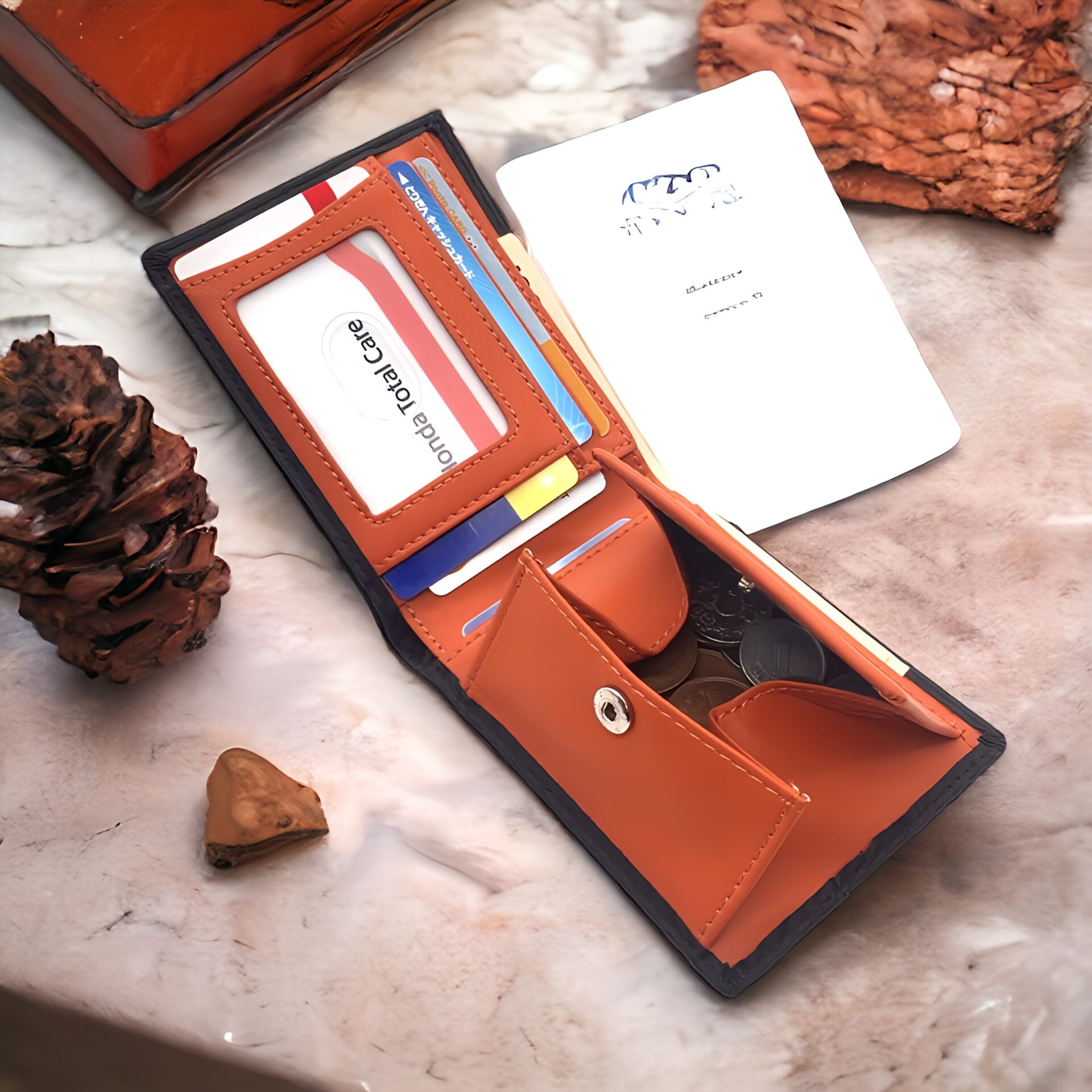 薄型二つ折り財布 カーボンレザー BOX型小銭入れ 内装：オレンジ