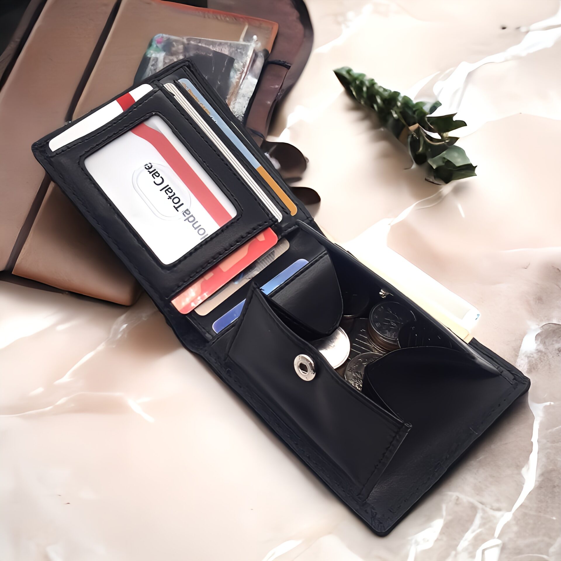 薄型二つ折り財布 カーボンレザー BOX型小銭入れ 内装：ブラック