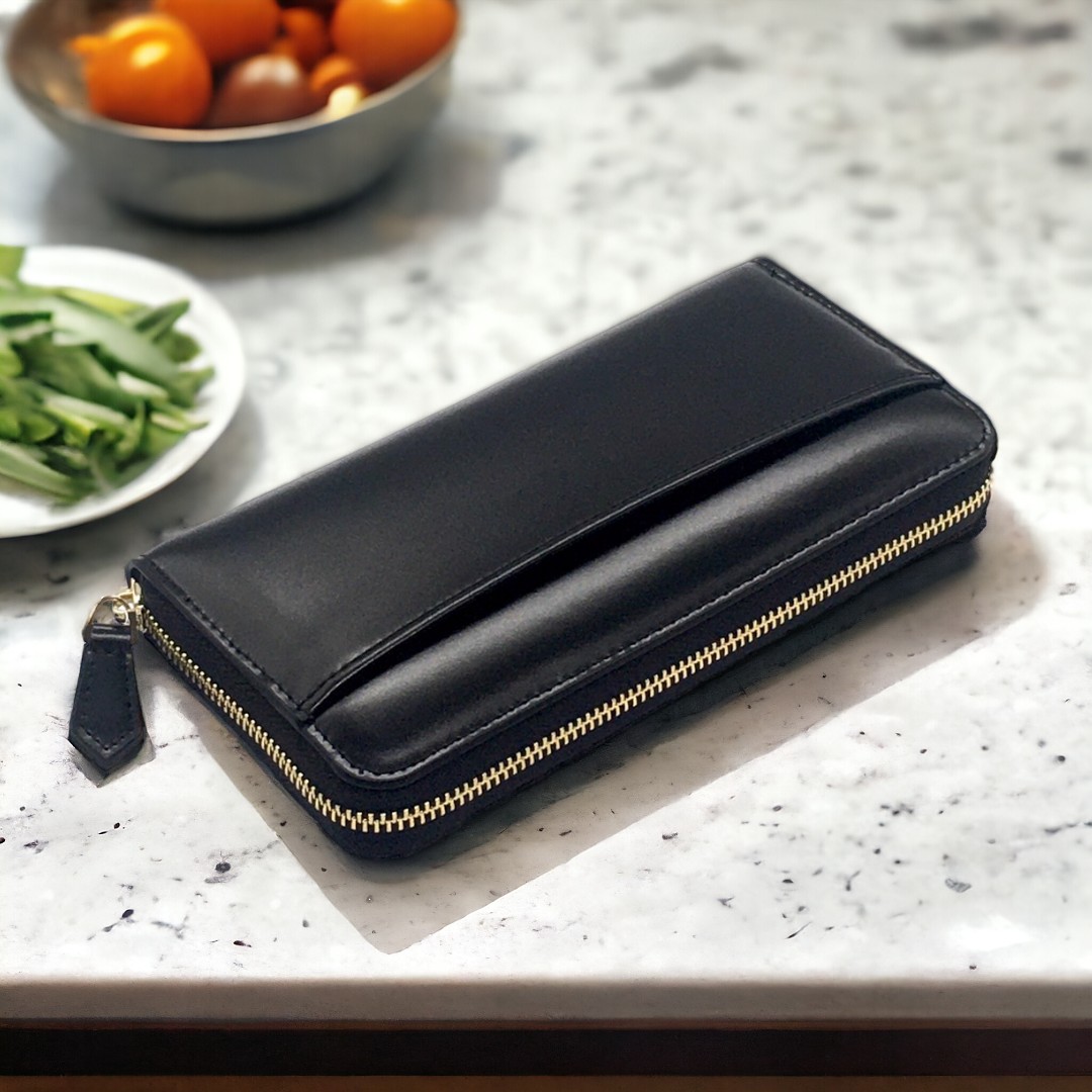 GLASS-LEATHER 牛革長財布 コードバンのような光沢と高級感 ブラック 内装：ブラウン