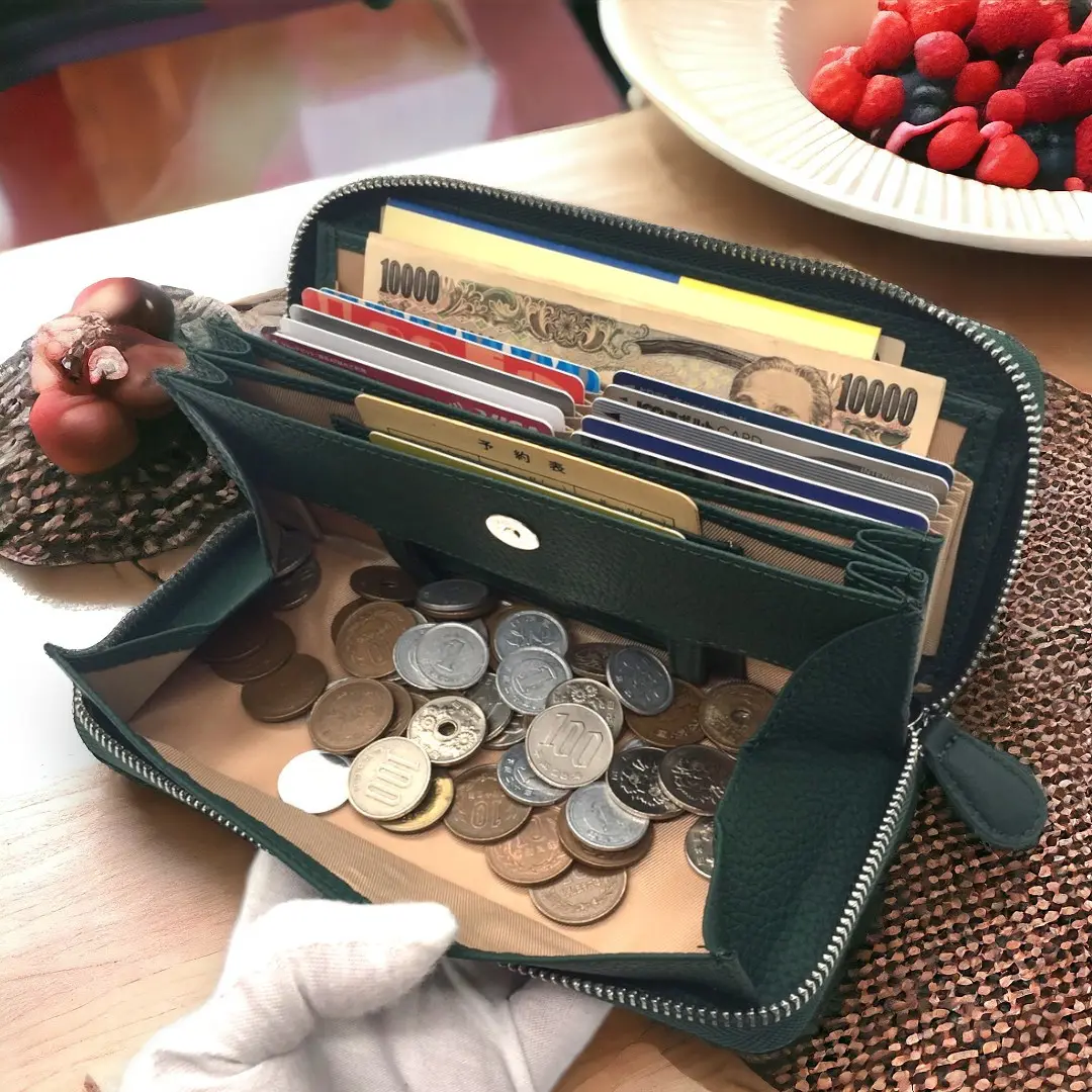 ダークグリーン☆ 通帳も入る大容量長財布 ボックス型小銭入れ - うさぎ堂