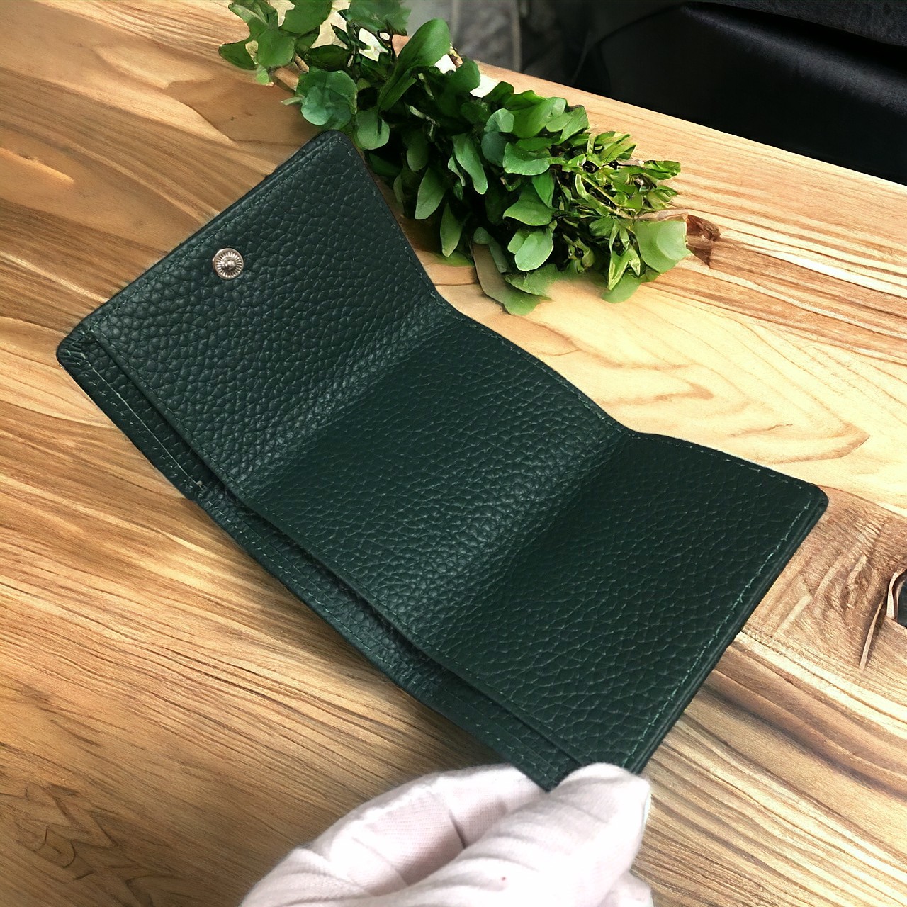 スリム財布 三つ折り財布 牛革 薄型 緑 グリーン BOX型小銭入れ カードケース メンズ レディース プレゼント